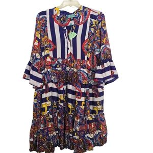 NWT Antica Santoria Vibrant Stripe Floral Paisley Multicolor Dress
